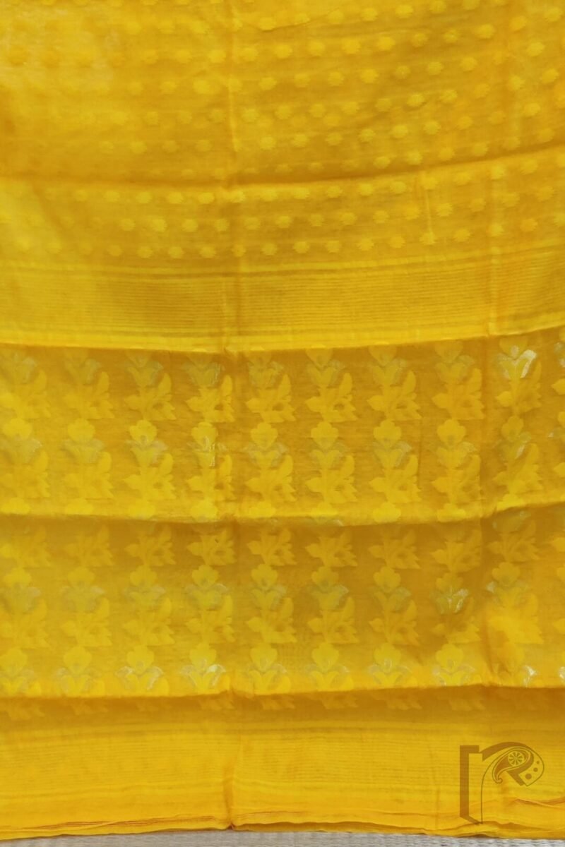 Jamdani Joy – Bright Orange Mercerized Cotton Jamdani Saree with Yellow and Gold Weave - Image 3