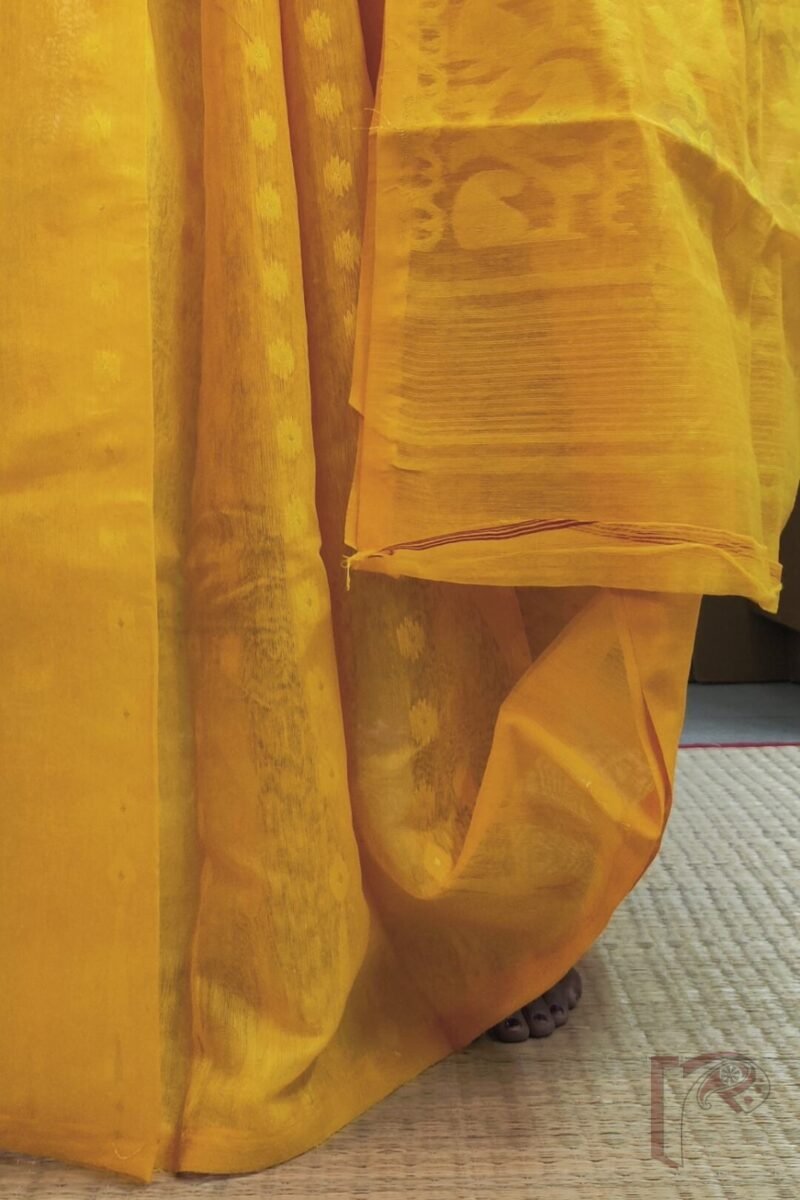 Jamdani Joy – Bright Orange Mercerized Cotton Jamdani Saree with Yellow and Gold Weave - Image 4