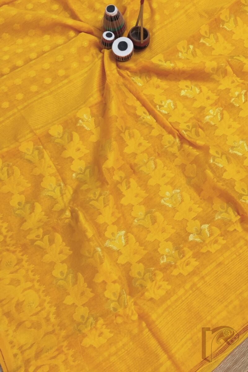 Jamdani Joy – Bright Orange Mercerized Cotton Jamdani Saree with Yellow and Gold Weave - Image 5