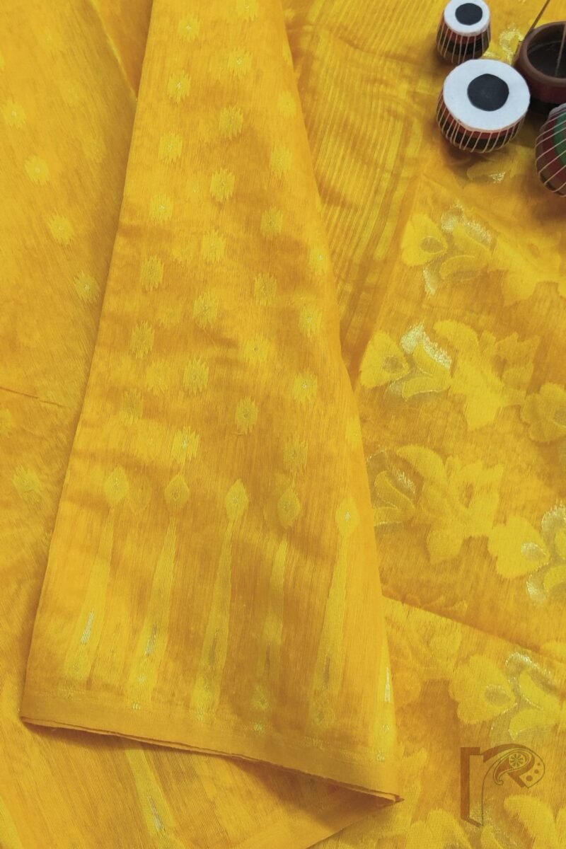 Jamdani Joy – Bright Orange Mercerized Cotton Jamdani Saree with Yellow and Gold Weave - Image 6