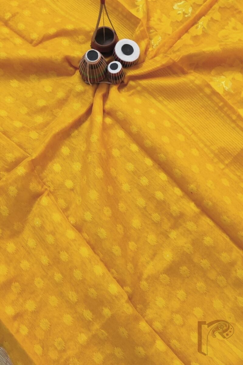 Jamdani Joy – Bright Orange Mercerized Cotton Jamdani Saree with Yellow and Gold Weave - Image 7