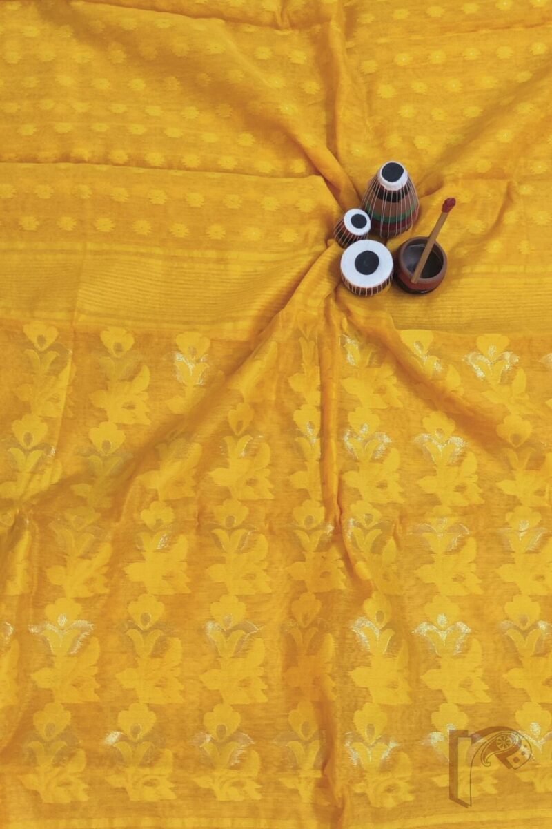Jamdani Joy – Bright Orange Mercerized Cotton Jamdani Saree with Yellow and Gold Weave - Image 8