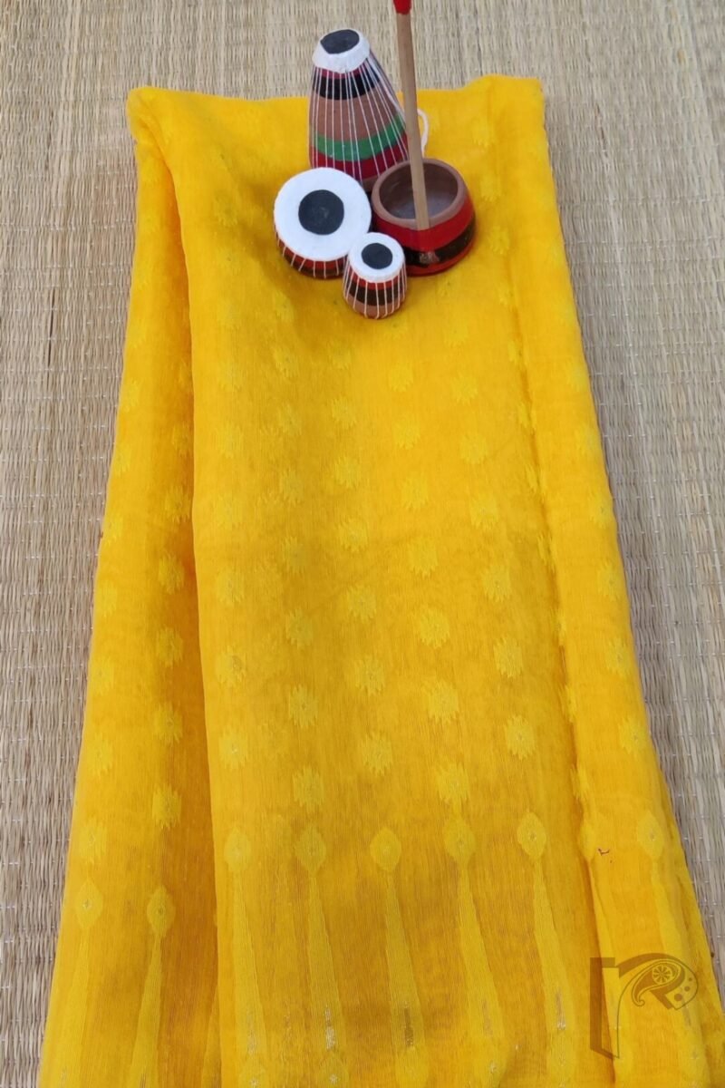 Jamdani Joy – Bright Orange Mercerized Cotton Jamdani Saree with Yellow and Gold Weave