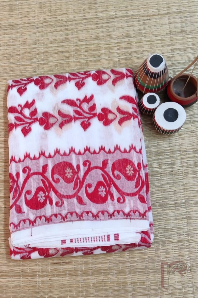 Jamdani Joy – Pure White Mercerized Cotton Jamdani Saree with Red and Gold Motifs - Image 2