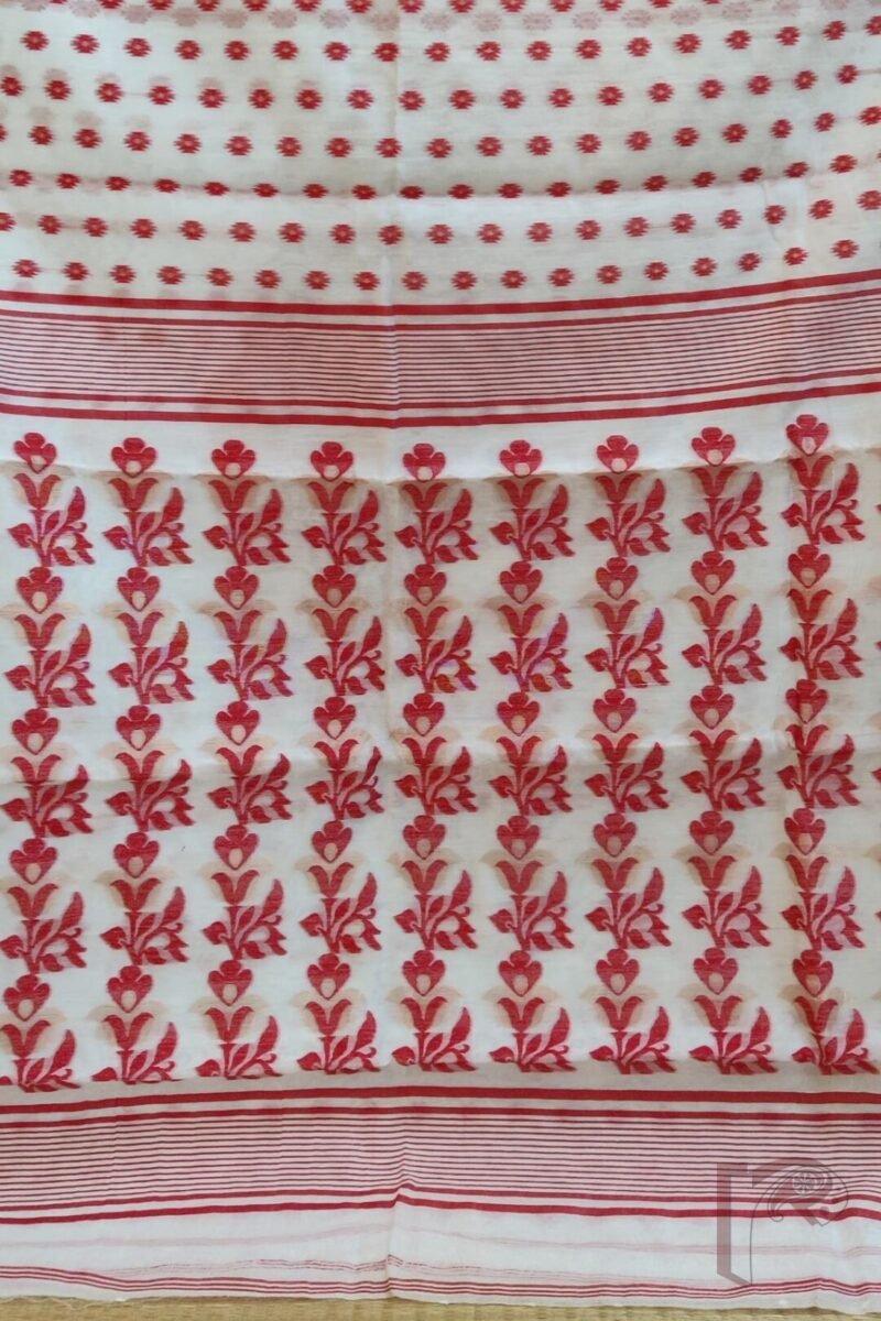 Jamdani Joy – Pure White Mercerized Cotton Jamdani Saree with Red and Gold Motifs - Image 3