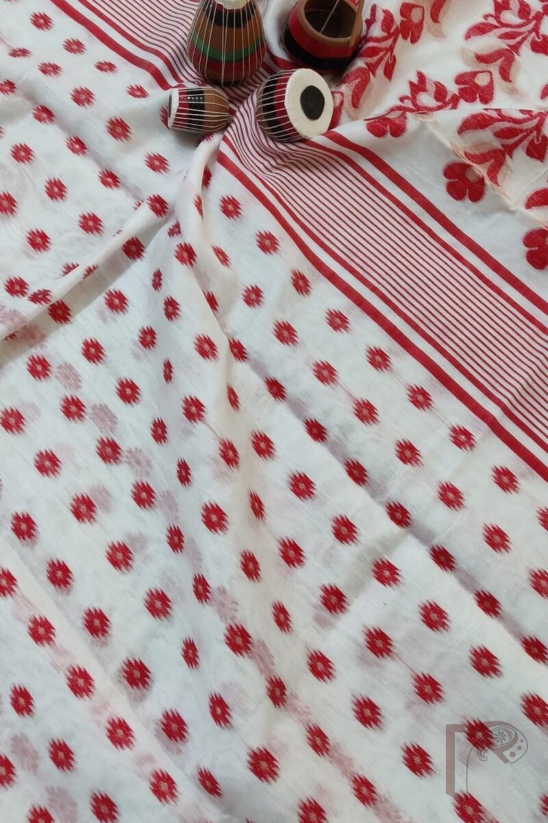 Jamdani Joy – Pure White Mercerized Cotton Jamdani Saree with Red and Gold Motifs - Image 6