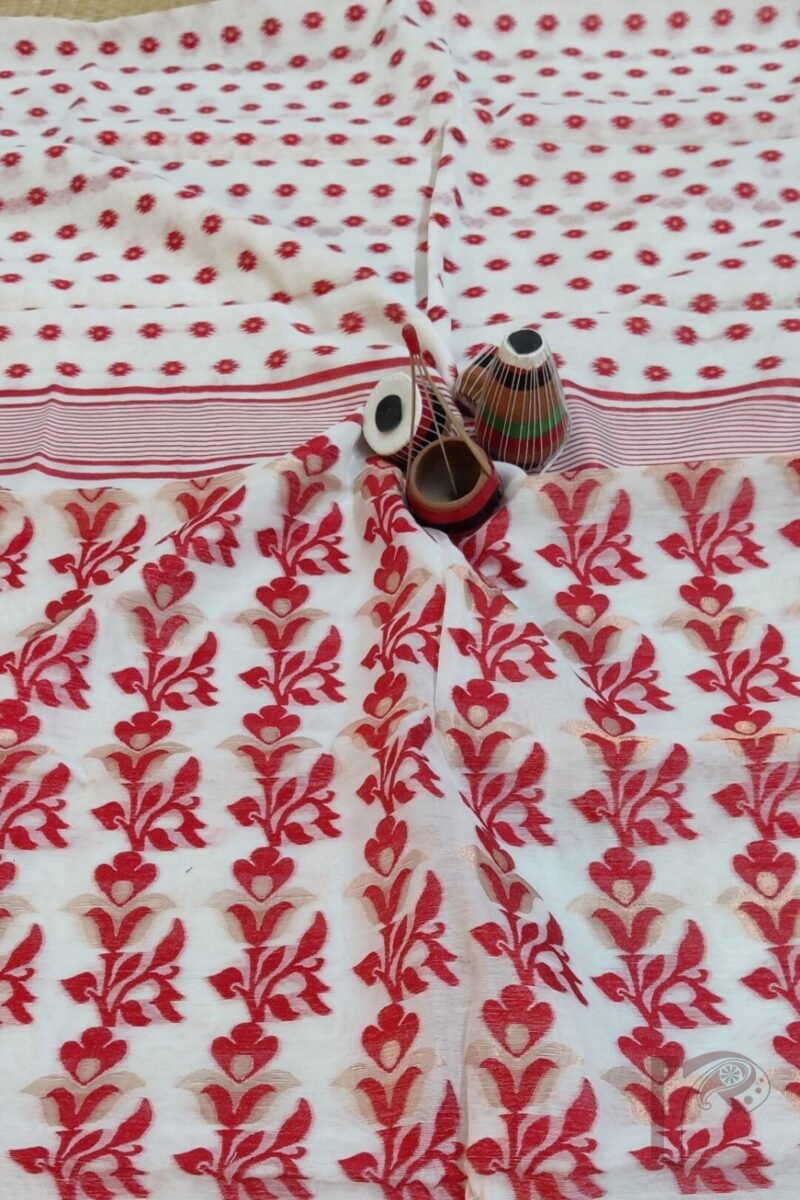 Jamdani Joy – Pure White Mercerized Cotton Jamdani Saree with Red and Gold Motifs - Image 8