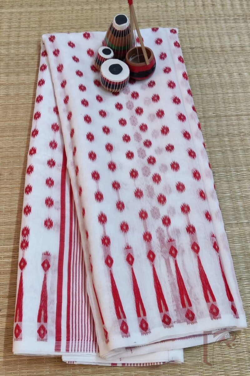 Jamdani Joy – Pure White Mercerized Cotton Jamdani Saree with Red and Gold Motifs