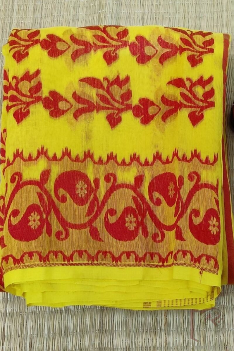 Jamdani Joy – Bright Yellow Mercerized Cotton Jamdani Saree with Red and Gold Floral Accents - Image 2