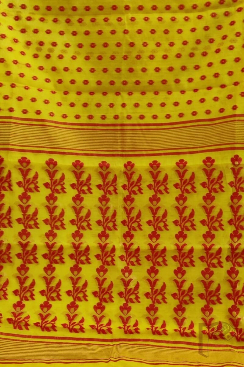 Jamdani Joy – Bright Yellow Mercerized Cotton Jamdani Saree with Red and Gold Floral Accents - Image 3