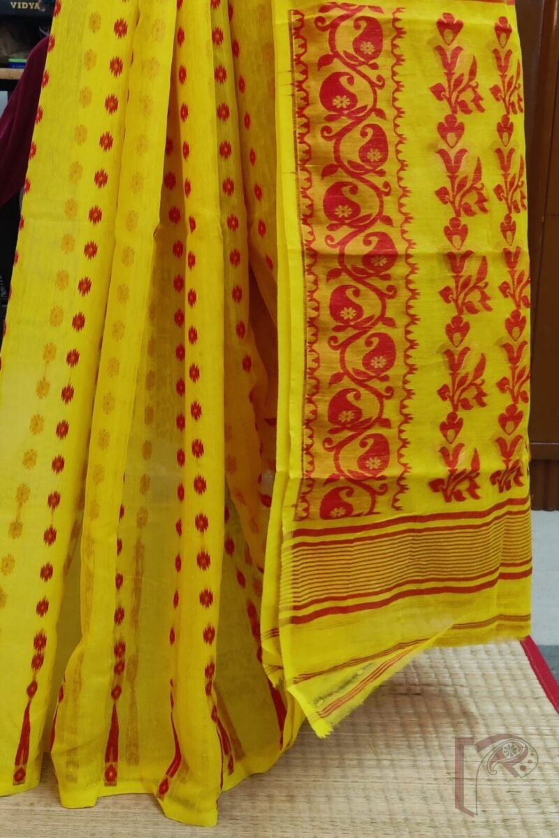 Jamdani Joy – Bright Yellow Mercerized Cotton Jamdani Saree with Red and Gold Floral Accents - Image 4
