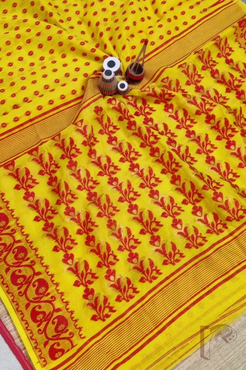Jamdani Joy – Bright Yellow Mercerized Cotton Jamdani Saree with Red and Gold Floral Accents - Image 5