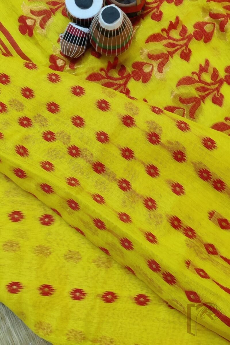 Jamdani Joy – Bright Yellow Mercerized Cotton Jamdani Saree with Red and Gold Floral Accents - Image 6