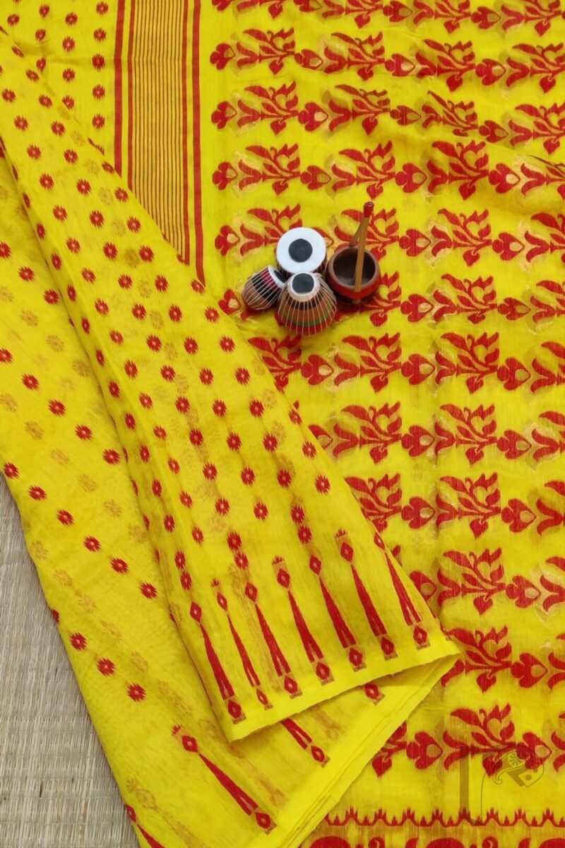 Jamdani Joy – Bright Yellow Mercerized Cotton Jamdani Saree with Red and Gold Floral Accents - Image 7