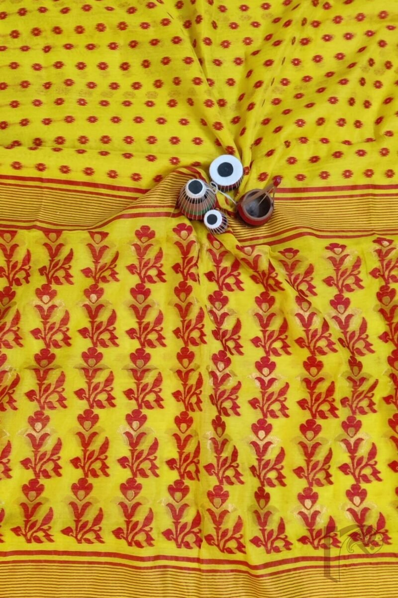 Jamdani Joy – Bright Yellow Mercerized Cotton Jamdani Saree with Red and Gold Floral Accents - Image 8