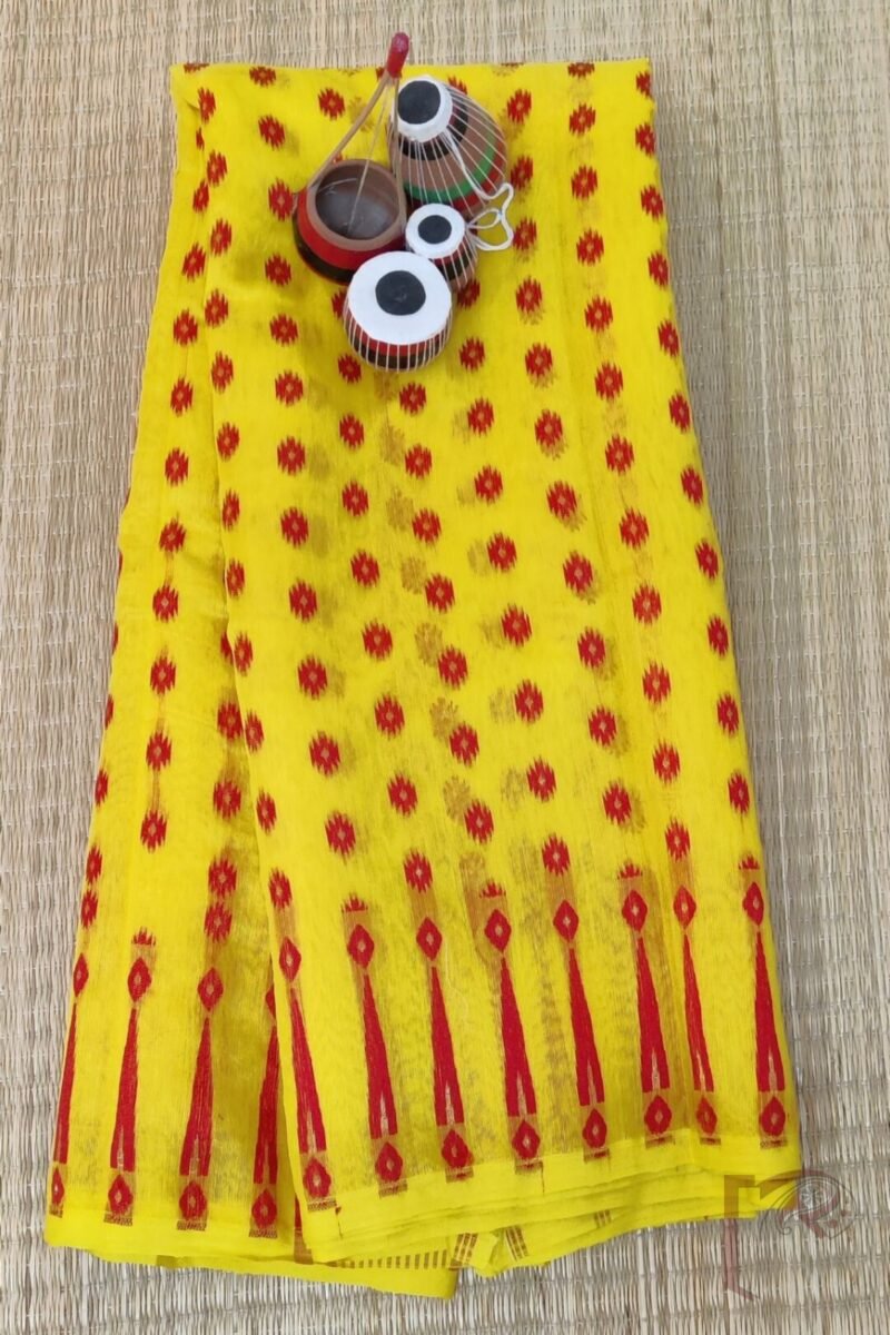 Jamdani Joy – Bright Yellow Mercerized Cotton Jamdani Saree with Red and Gold Floral Accents