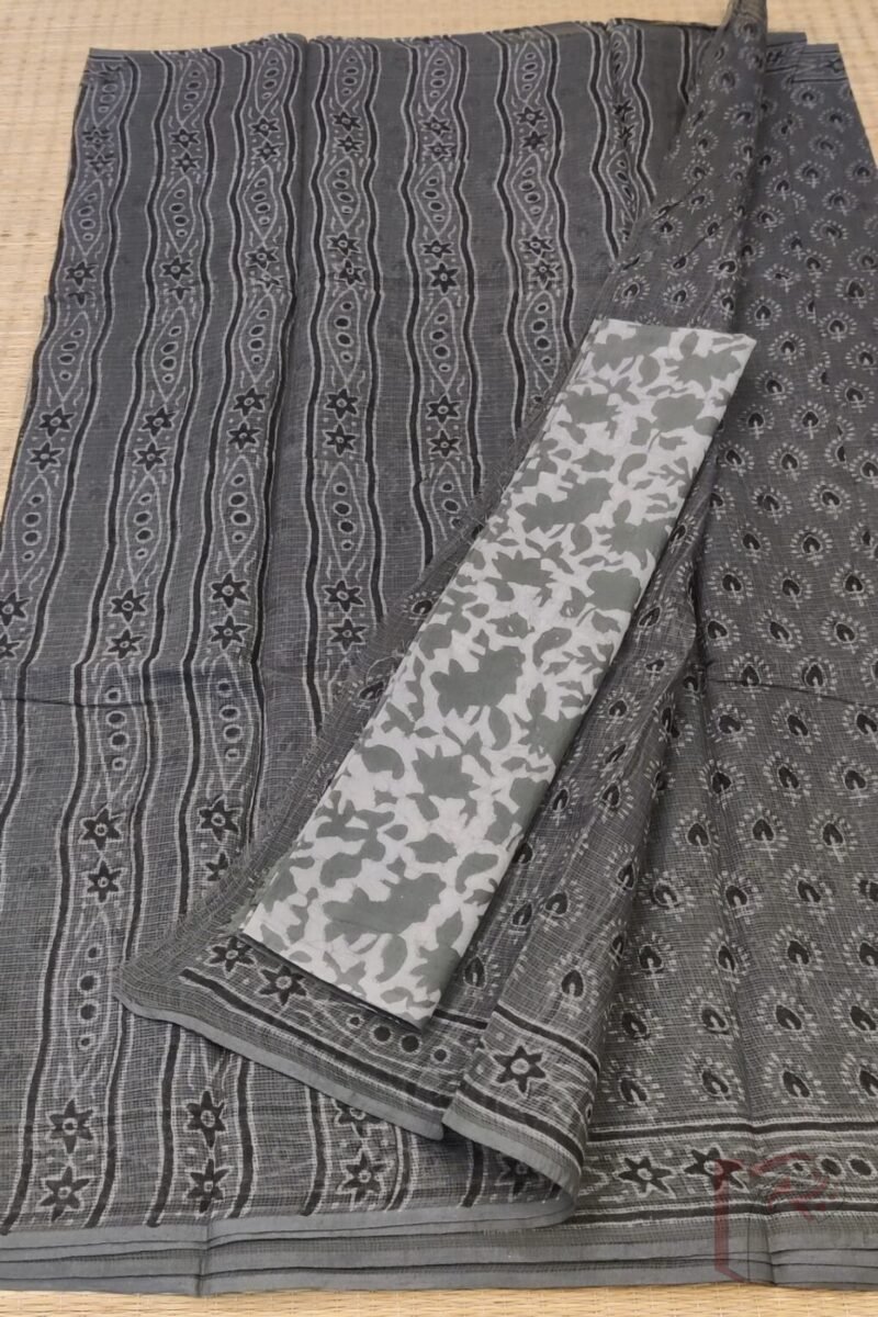 Kota Katha – Slate Grey Kota Cotton Saree with Spade Leaf Block Print and Light Grey-Black Contrast Blouse - Image 2