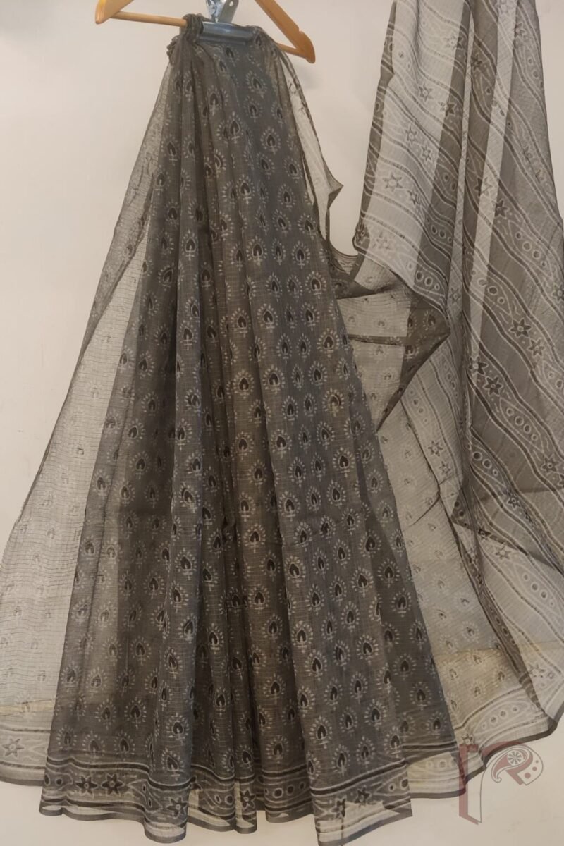 Kota Katha – Slate Grey Kota Cotton Saree with Spade Leaf Block Print and Light Grey-Black Contrast Blouse - Image 4