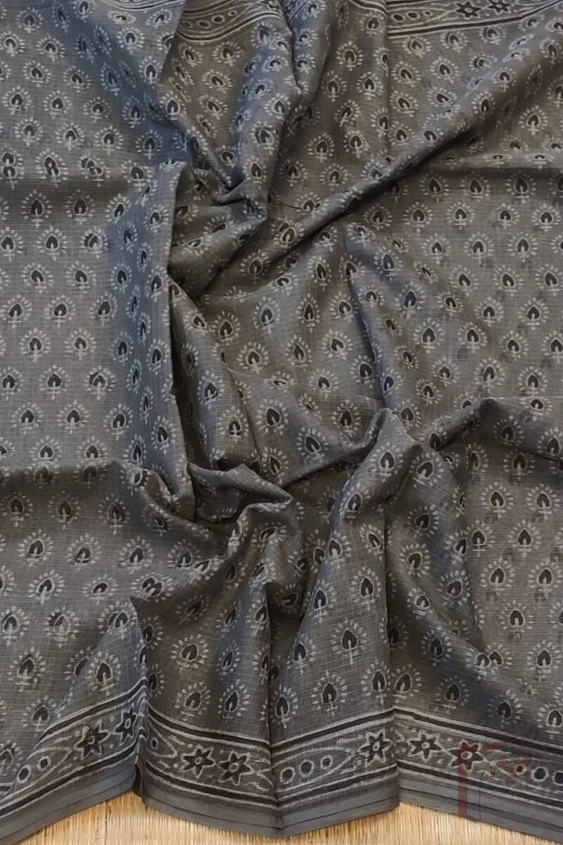 Kota Katha – Slate Grey Kota Cotton Saree with Spade Leaf Block Print and Light Grey-Black Contrast Blouse - Image 5