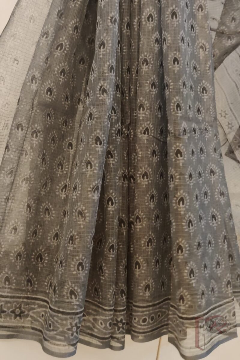 Kota Katha – Slate Grey Kota Cotton Saree with Spade Leaf Block Print and Light Grey-Black Contrast Blouse - Image 7