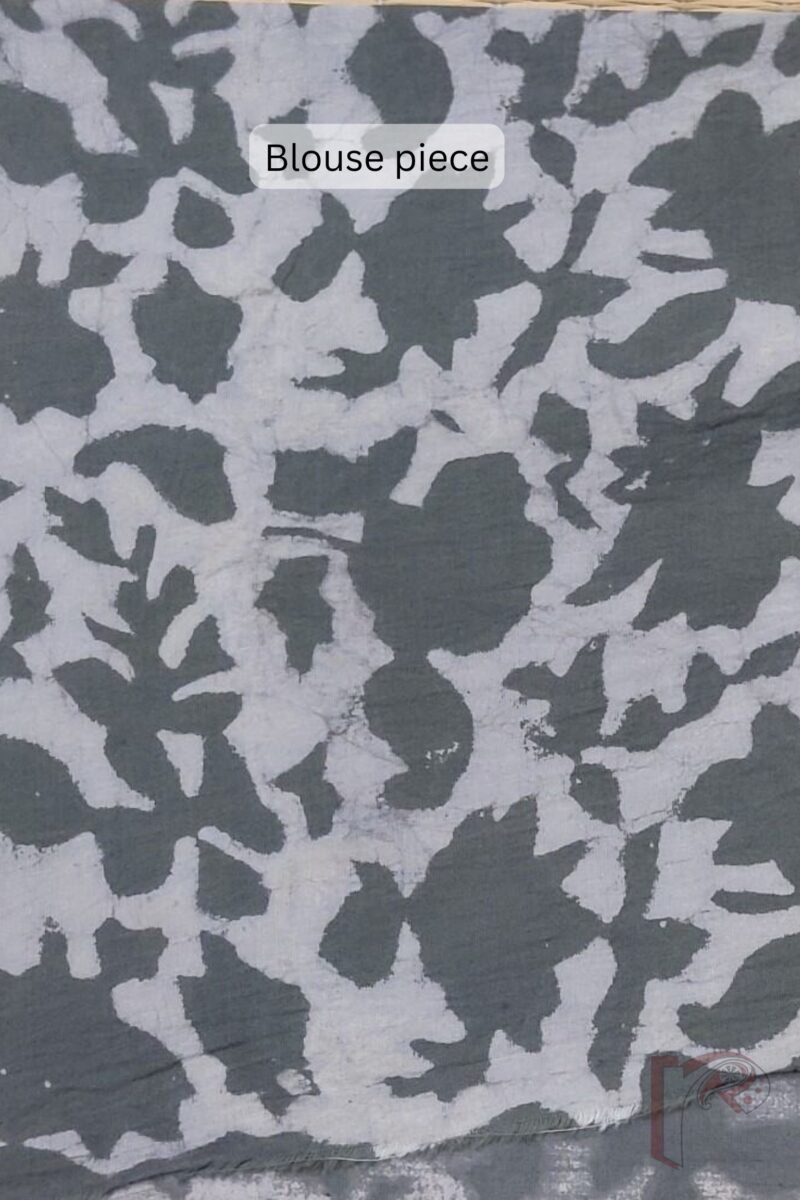 Kota Katha – Slate Grey Kota Cotton Saree with Spade Leaf Block Print and Light Grey-Black Contrast Blouse - Image 8