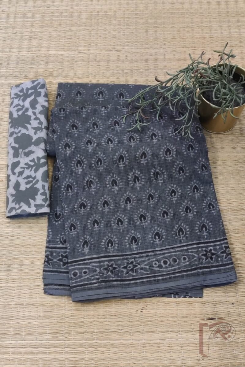 Kota Katha – Slate Grey Kota Cotton Saree with Spade Leaf Block Print and Light Grey-Black Contrast Blouse