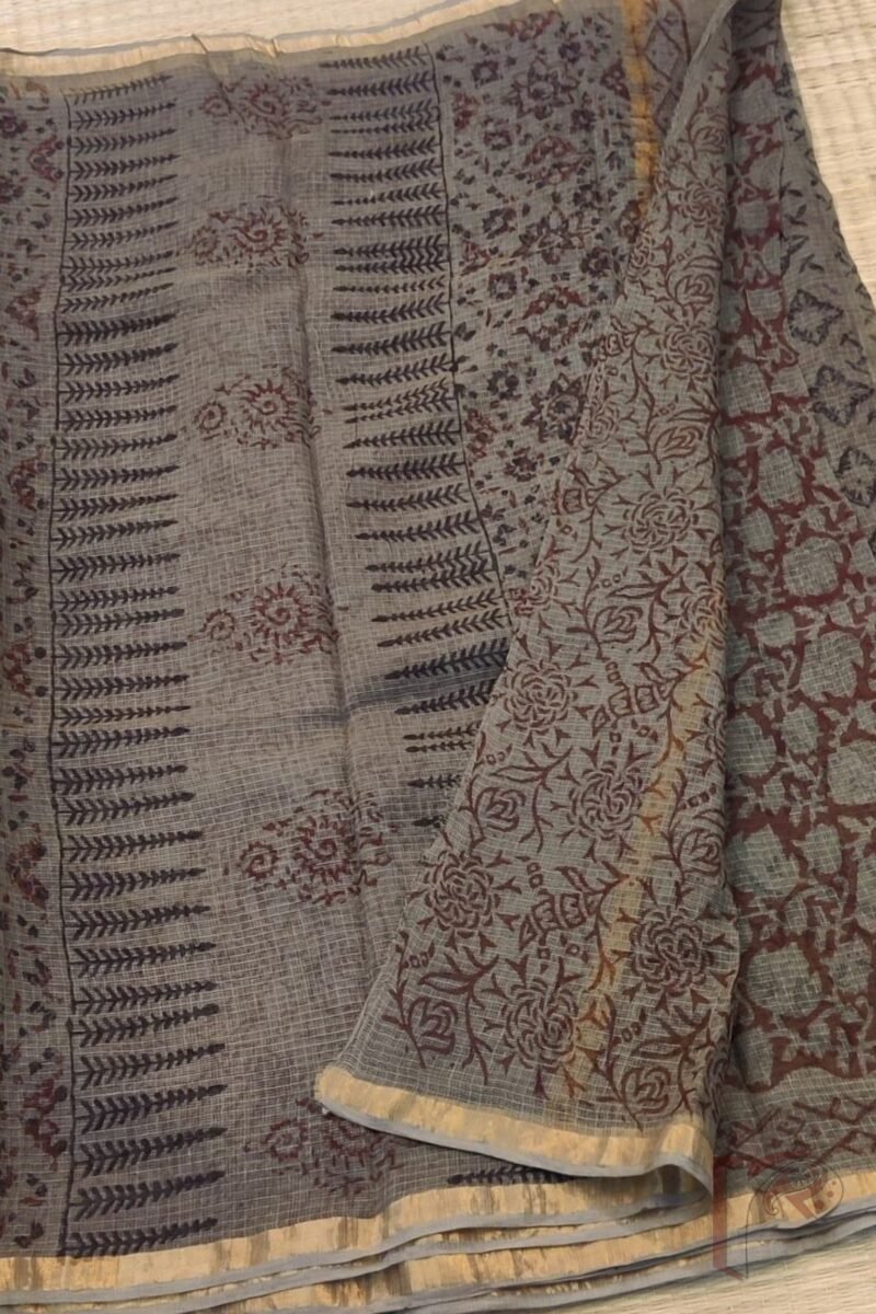 Kota Katha – Grey Kota Cotton Saree with Black and Maroon Starflower Motifs and Maroon Floral Print Kota Blouse - Image 2