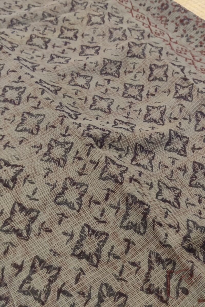 Kota Katha – Grey Kota Cotton Saree with Black and Maroon Starflower Motifs and Maroon Floral Print Kota Blouse - Image 6