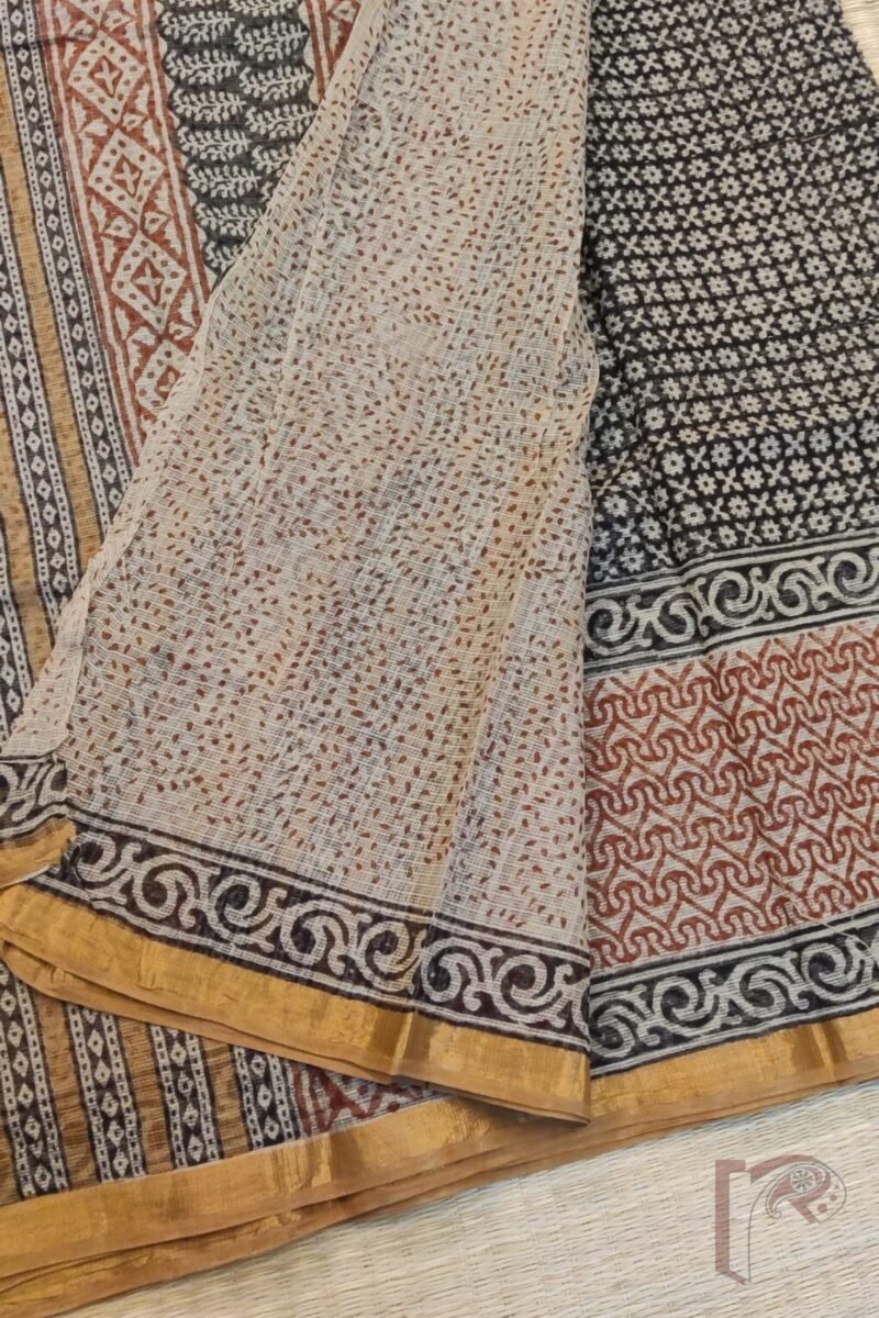 Kota Katha – Black Kota Cotton Saree with Cream Floral Print and Multicolor Pallu and Cream Blouse - Image 2