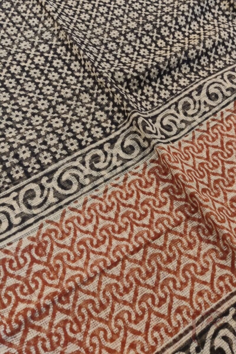 Kota Katha – Black Kota Cotton Saree with Cream Floral Print and Multicolor Pallu and Cream Blouse - Image 3