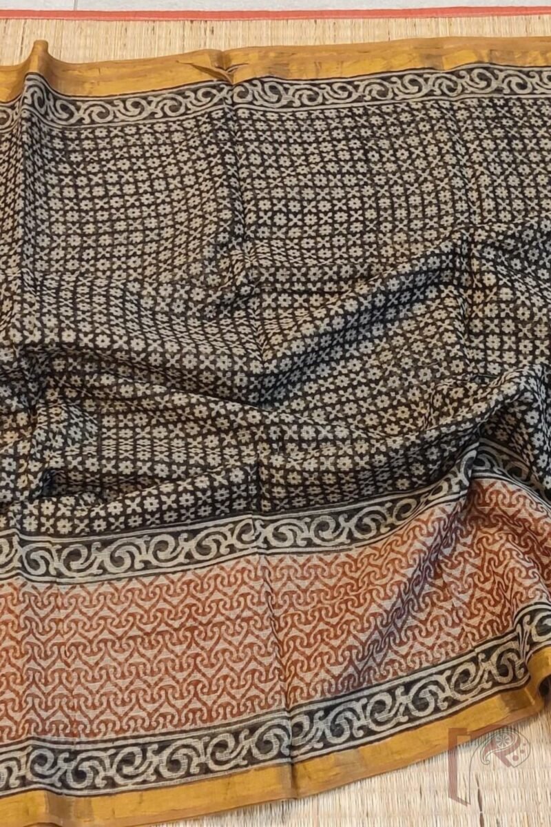 Kota Katha – Black Kota Cotton Saree with Cream Floral Print and Multicolor Pallu and Cream Blouse - Image 5
