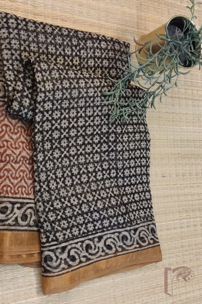 Kota Katha – Black Kota Cotton Saree with Cream Floral Print and Multicolor Pallu and Cream Blouse