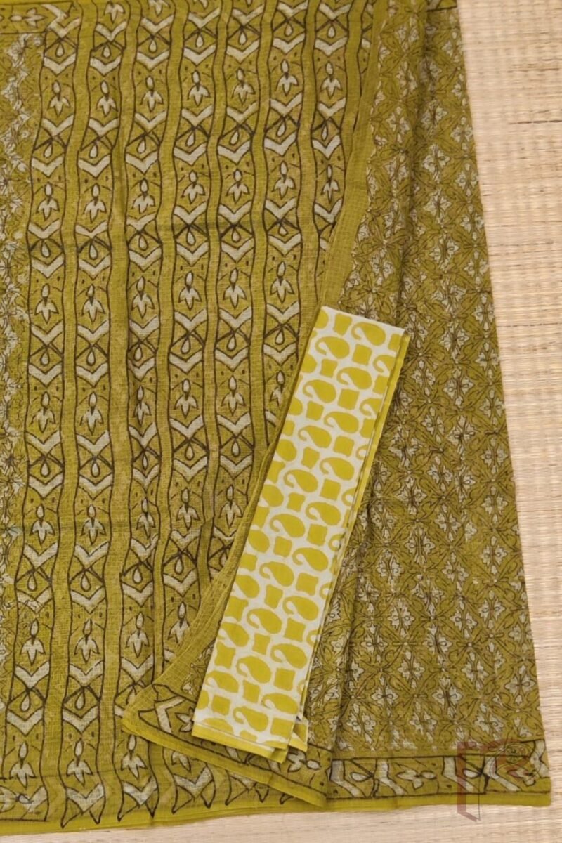 Kota Katha – Yellow-Green Kota Cotton Saree with Black Abstract Print and Cream Mango Blouse - Image 2