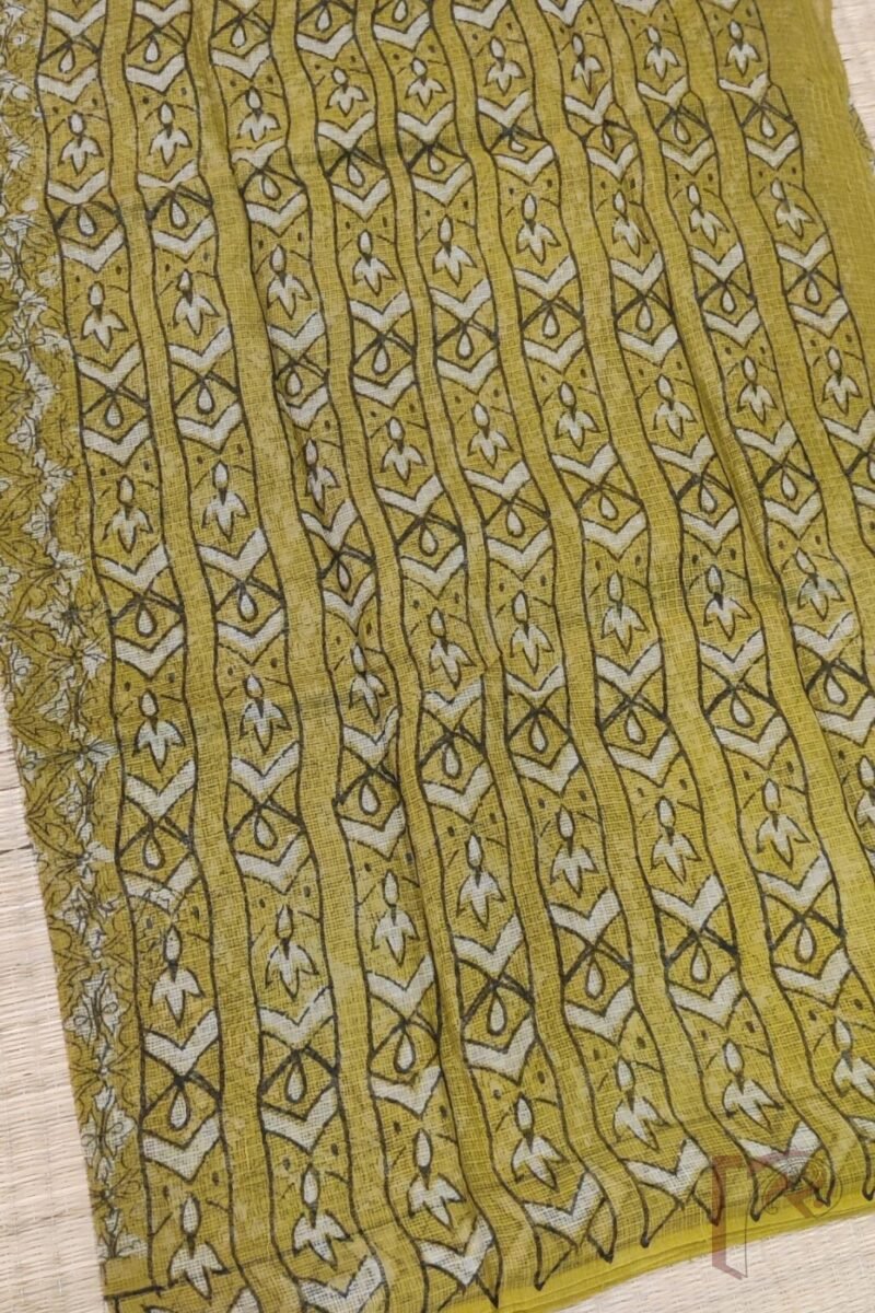 Kota Katha – Yellow-Green Kota Cotton Saree with Black Abstract Print and Cream Mango Blouse - Image 3
