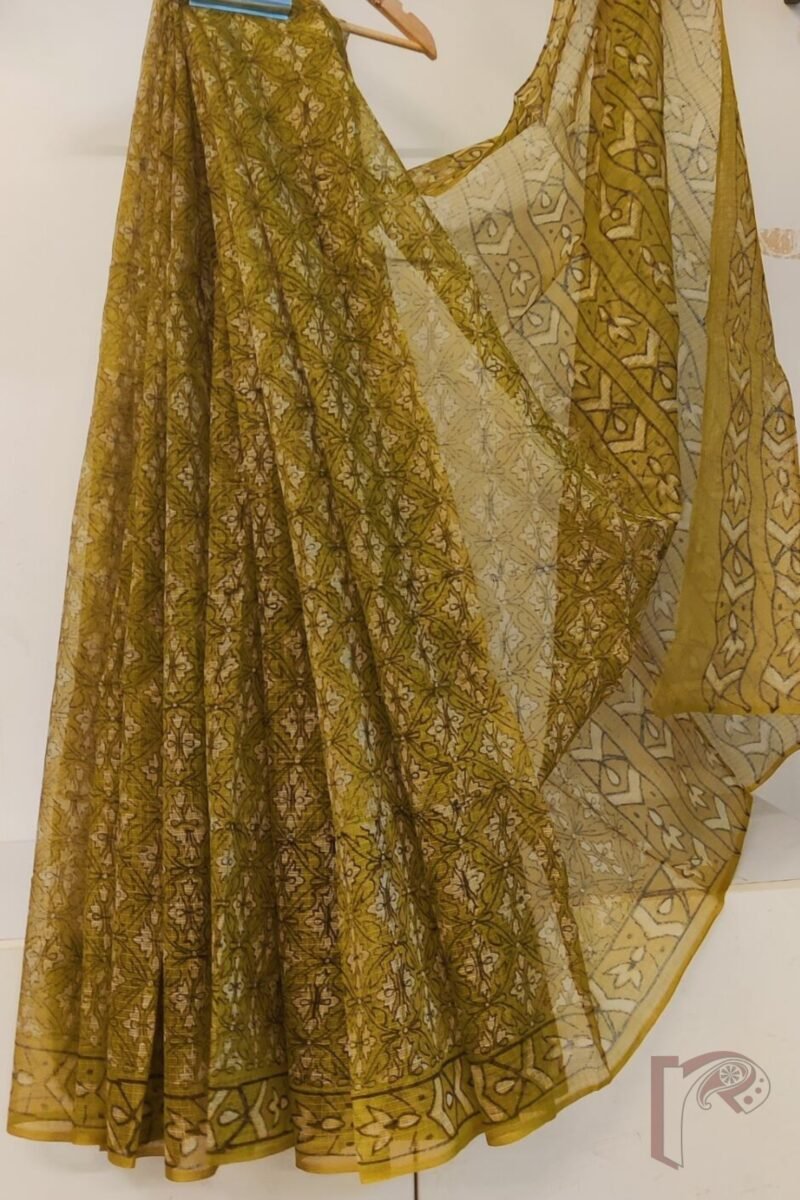 Kota Katha – Yellow-Green Kota Cotton Saree with Black Abstract Print and Cream Mango Blouse - Image 4