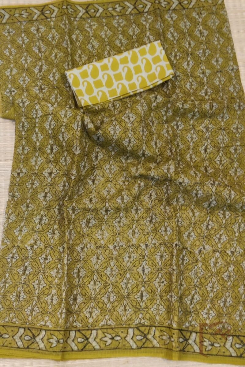 Kota Katha – Yellow-Green Kota Cotton Saree with Black Abstract Print and Cream Mango Blouse - Image 6