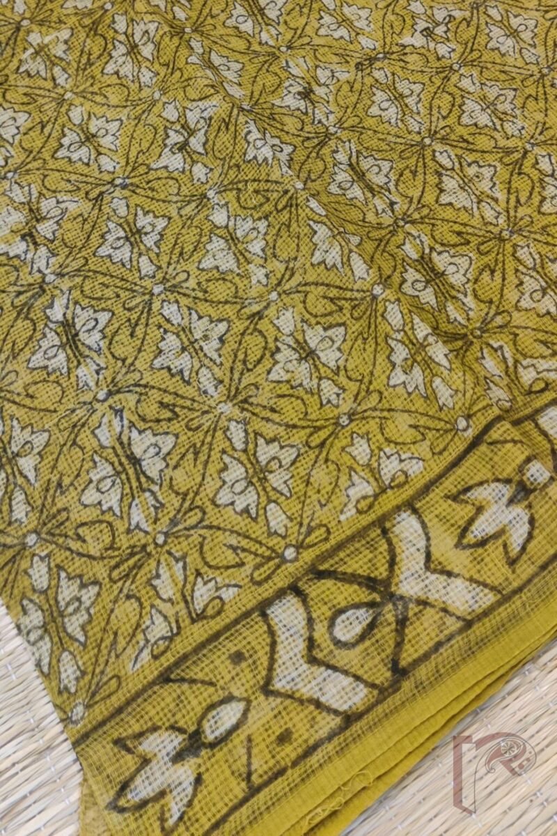 Kota Katha – Yellow-Green Kota Cotton Saree with Black Abstract Print and Cream Mango Blouse - Image 7