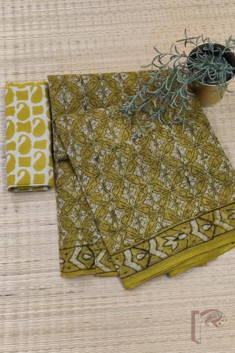 Kota Katha – Yellow-Green Kota Cotton Saree with Black Abstract Print and Cream Mango Blouse