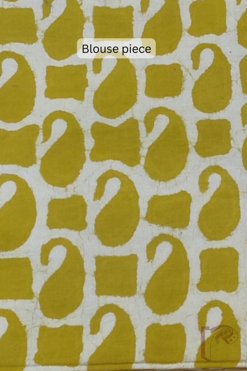 Kota Katha – Yellow-Green Kota Cotton Saree with Black Abstract Print and Cream Mango Blouse - Image 9