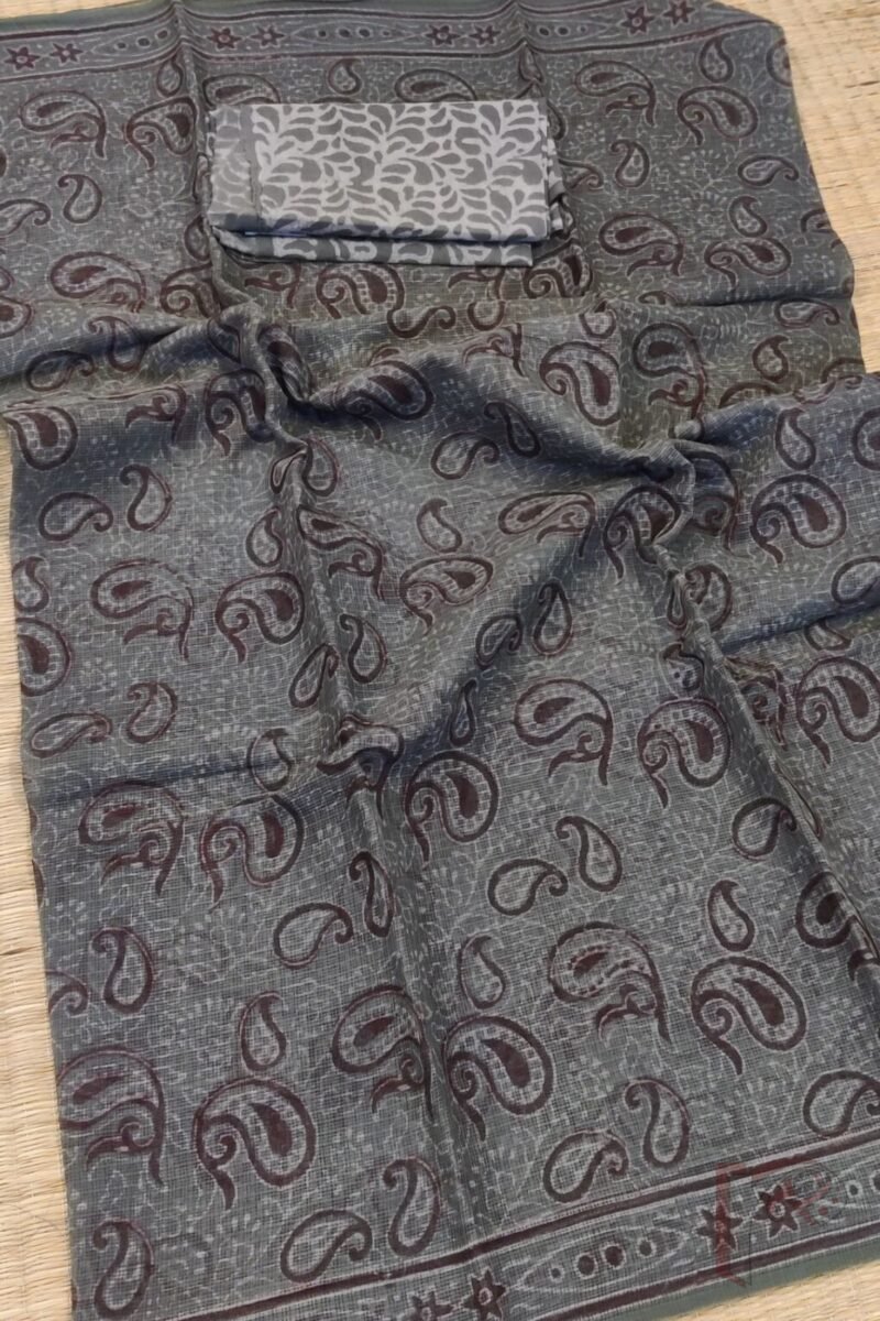 Kota Katha – Grey Kota Cotton Saree with Maroon Kairi Motifs and Offwhite Stem Print and Grey Blouse - Image 6