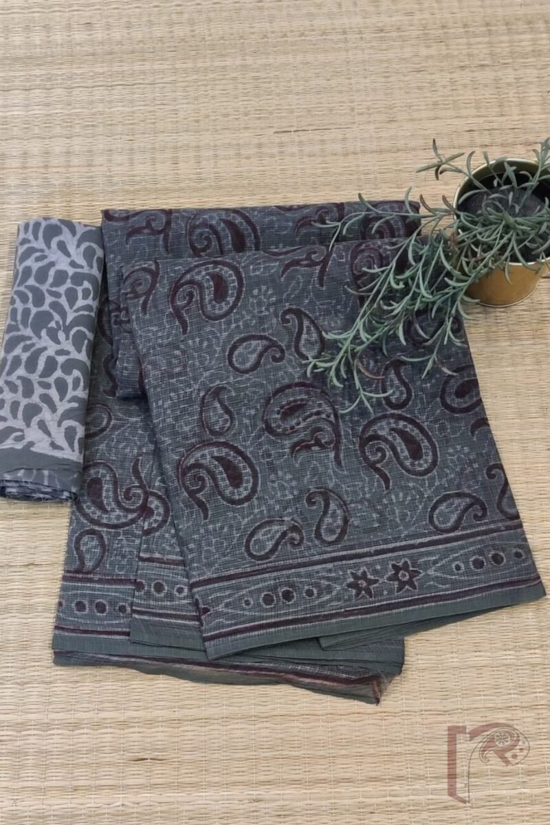 Kota Katha – Grey Kota Cotton Saree with Maroon Kairi Motifs and Offwhite Stem Print and Grey Blouse