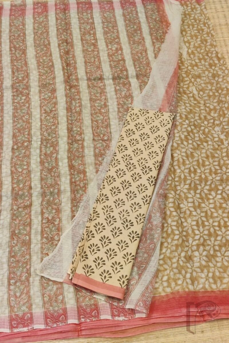 Kota Katha – Biscuit Brown Kota Cotton Saree with Diamond Flower Motifs and Peach Accents with Fawn Blouse - Image 2