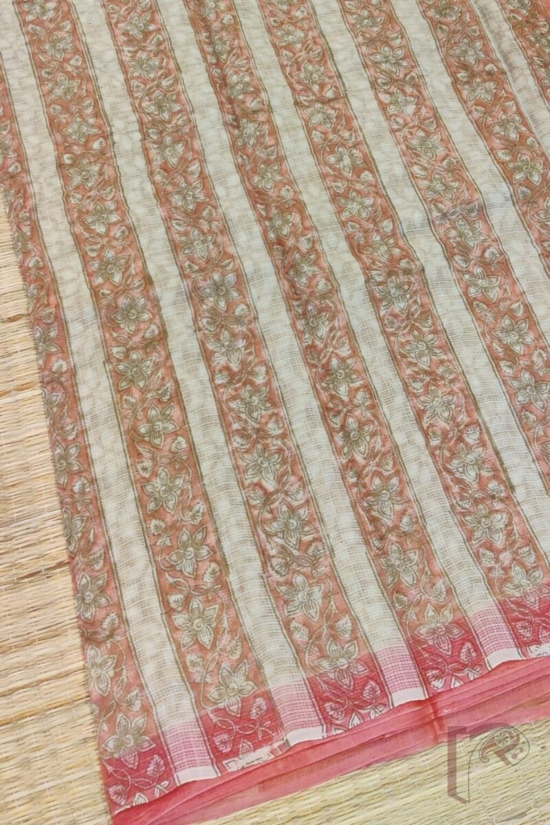 Kota Katha – Biscuit Brown Kota Cotton Saree with Diamond Flower Motifs and Peach Accents with Fawn Blouse - Image 3