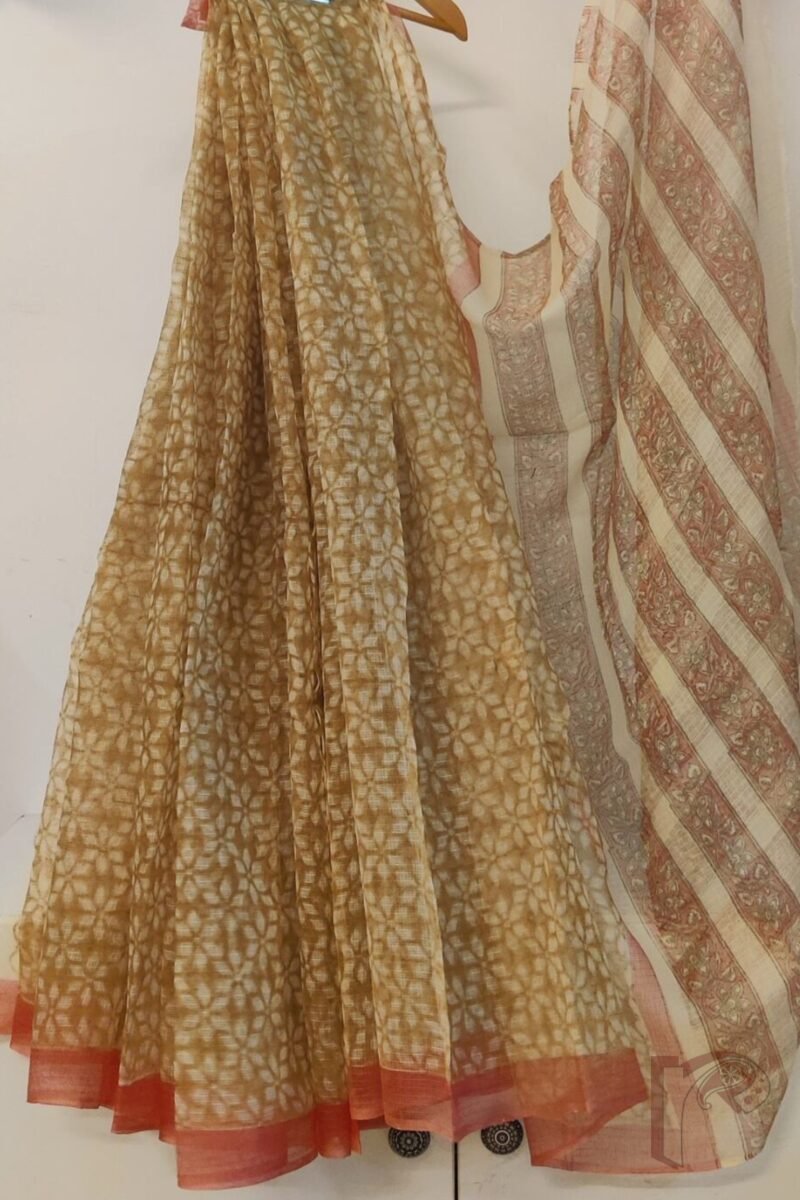 Kota Katha – Biscuit Brown Kota Cotton Saree with Diamond Flower Motifs and Peach Accents with Fawn Blouse - Image 4
