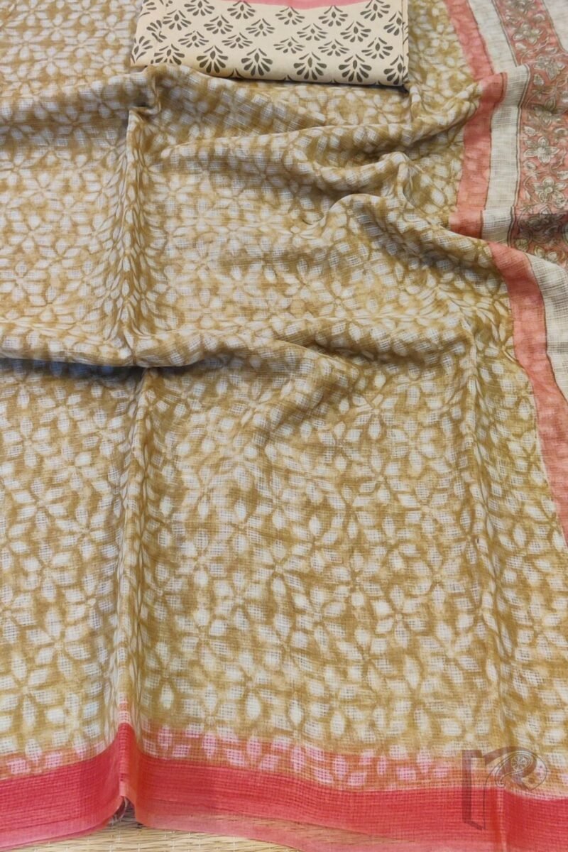 Kota Katha – Biscuit Brown Kota Cotton Saree with Diamond Flower Motifs and Peach Accents with Fawn Blouse - Image 6