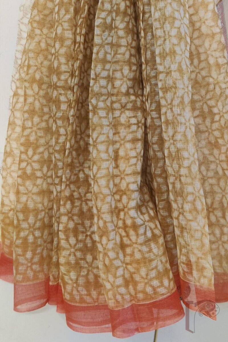 Kota Katha – Biscuit Brown Kota Cotton Saree with Diamond Flower Motifs and Peach Accents with Fawn Blouse - Image 7