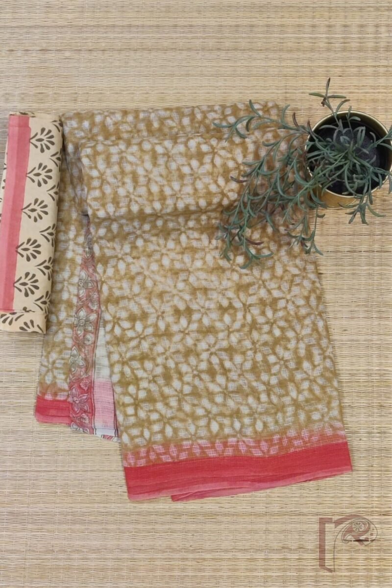 Kota Katha – Biscuit Brown Kota Cotton Saree with Diamond Flower Motifs and Peach Accents with Fawn Blouse