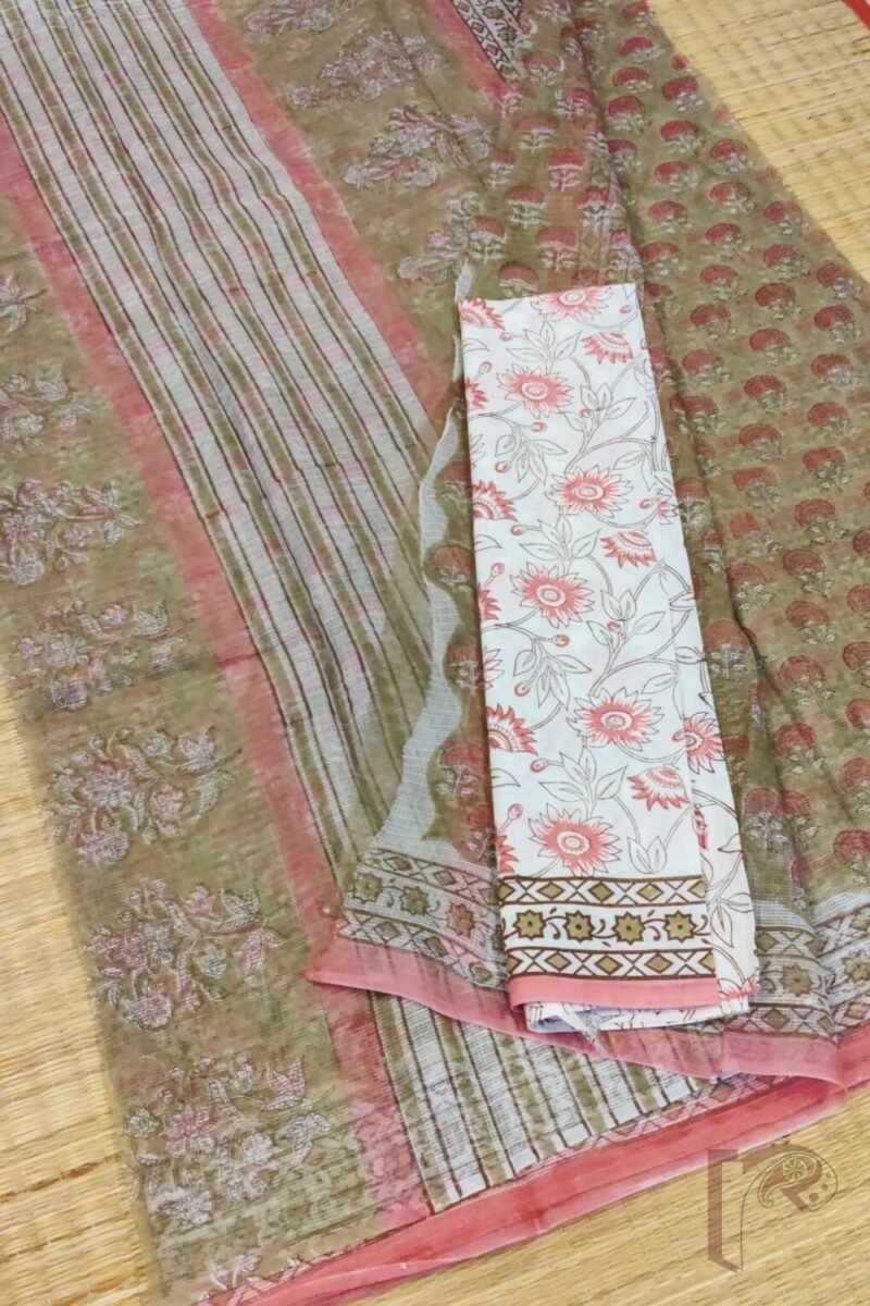 Kota Katha – Dull Green Kota Cotton Saree with Pink Stem Flowers and Offwhite Floral Blouse - Image 2