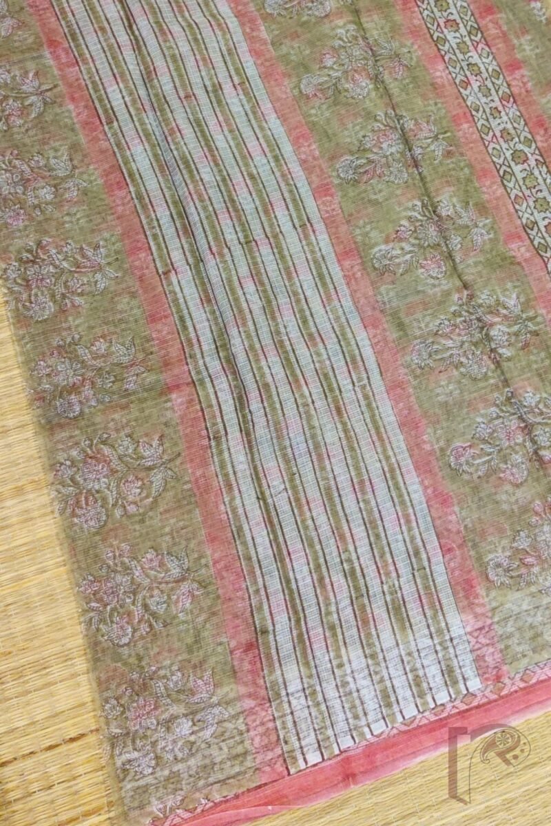 Kota Katha – Dull Green Kota Cotton Saree with Pink Stem Flowers and Offwhite Floral Blouse - Image 3