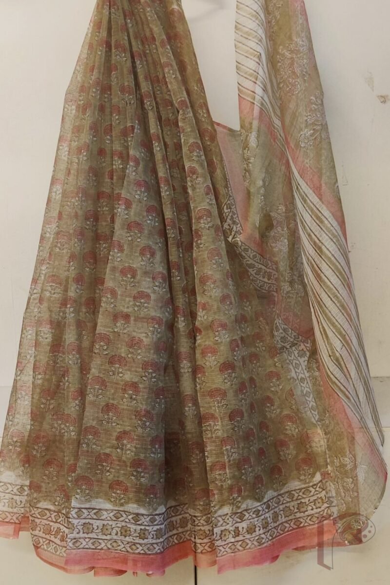 Kota Katha – Dull Green Kota Cotton Saree with Pink Stem Flowers and Offwhite Floral Blouse - Image 4